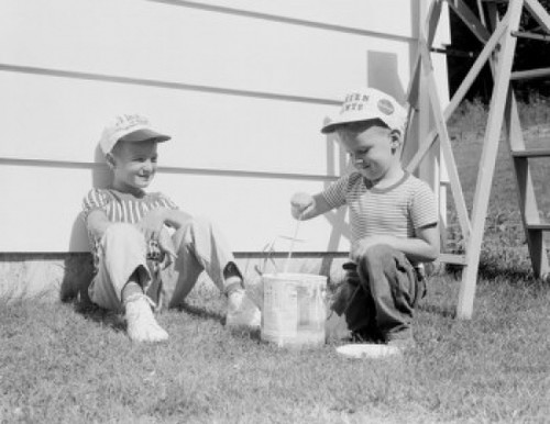 Two boys playing in back yard Poster Print - Item # VARSAL255421948
