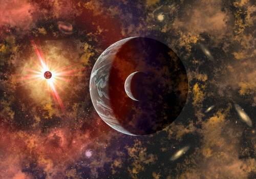 An alien planet and its moon in orbit around a red giant star Poster Print - Item # VARPSTMAS100857S