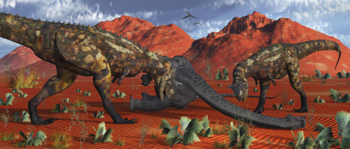 A pair of carnivorous Carnotaurus dinosaurs about to devour the remains of a dead sauropod Poster Print - Item # VARPSTMAS100489P