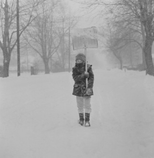 Boy with snow shovel in blizzard Poster Print - Item # VARSAL255422392