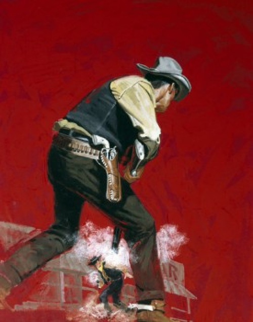 Two cowboys shooting pistols in duel outside saloon Poster Print - Item # VARSAL902136187