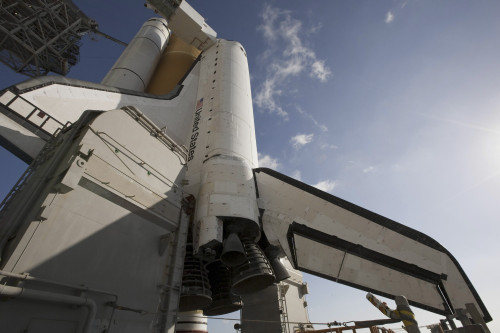 February 6, 2010 - Clouds wisp in the blue sky above space shuttle Endeavour following retraction of the rotating service structure at Launch Pad 39A at Kennedy Space Center in Florida. _?? Poster Print - Item # VARPSTSTK203196S