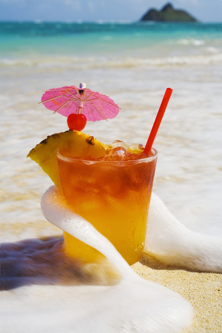 Mai Tai Getting Splashed By A Wave As It Rest On The Beach. PosterPrint