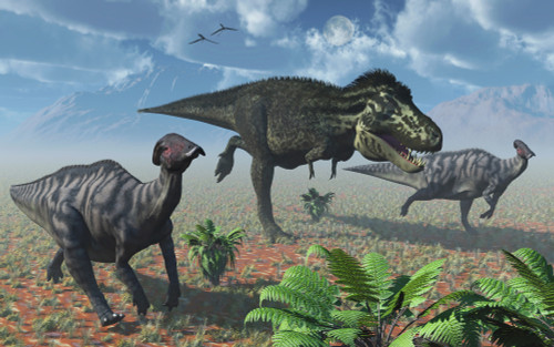 Tyrannosaurus Rex attacking a small herd of Parasaurolophus duckbill dinosaurs Poster Print - Item # VARPSTMAS100574P