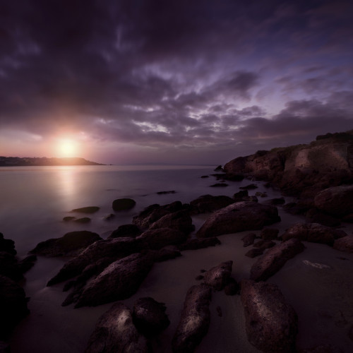Rocky shore and tranquil sea against cloudy sky at sunset, Portoscuso, Sardinia, Italy Poster Print - Item # VARPSTEVK200083S