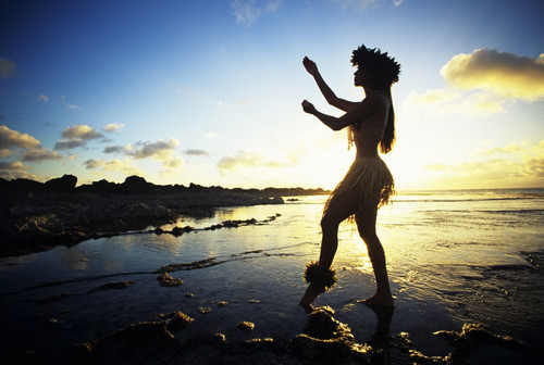 Hawaii, Female Hula Dancer On Beach, Silhouetted By Sunset. PosterPrint - Item # VARDPI1973875