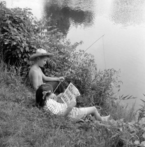Boy fishing while girl is reading comic book Poster Print - Item # VARSAL25516371