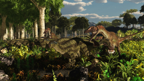 Early Cretaceous in south western North America featuring the 20 foot long Utahraptor hunting the early iguanodonts, Tenontosaurus Poster Print - Item # VARPSTADR600012P