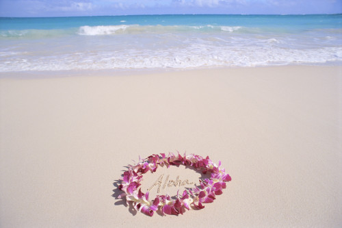 Hawaii, Purple Orchid Lei, Aloha Written In The Sand, Turquoise Ocean Background PosterPrint - Item # VARDPI2002439