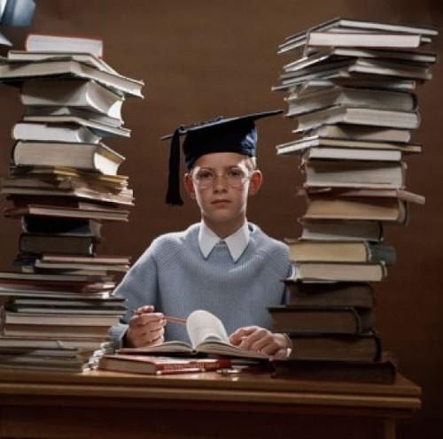 Portrait of a boy behind two stacks of books Poster Print - Item # VARSAL939110924