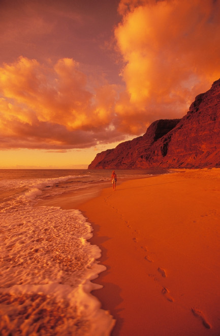 Hawaii, Kauai, Polihale State Park Beach At Sunset, Back View Of Woman Walking Along The Shoreline. PosterPrint - Item # VARDPI1989082