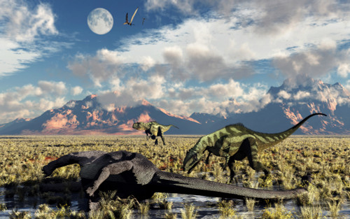 A pair of Yangchuanosaurus about to eat the remains of a dead Omeisaurus dinosaur Poster Print - Item # VARPSTMAS100917P