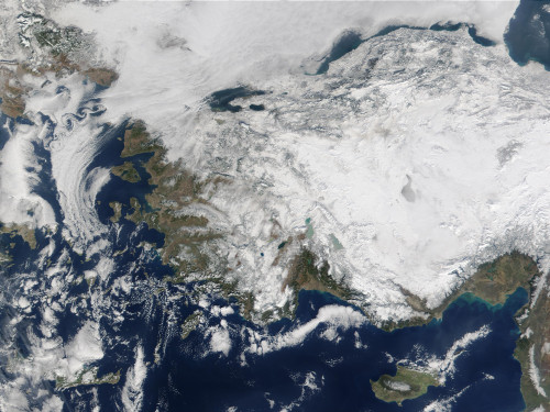 Satellite view of the Republic of Turkey covered by snow Poster Print