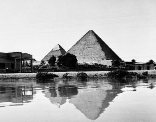 Egypt  Giza  Giza Pyramids reflecting in river Poster Print