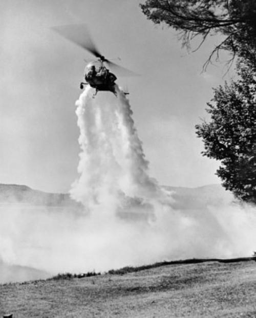 Crop-dusting helicopter spraying insecticides over a field Poster Print - Item # VARSAL25530892