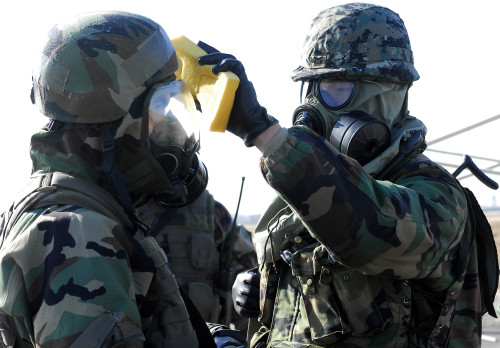 Kunsan Air Base, South Korea, January 16, 2008 - A Republic of Korea Army soldier helps his American counterpart during a decontamination process. Poster Print - Item # VARPSTSTK102653M