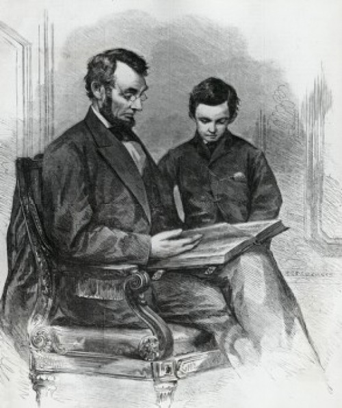 Lincoln Reading the Bible to His Son  Tad  in His Studio at the White House  after a photo by Brady taken in 1865 Poster Print - Item # VARSAL995103233