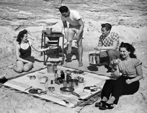 Two young couples at a picnic on the beach Poster Print