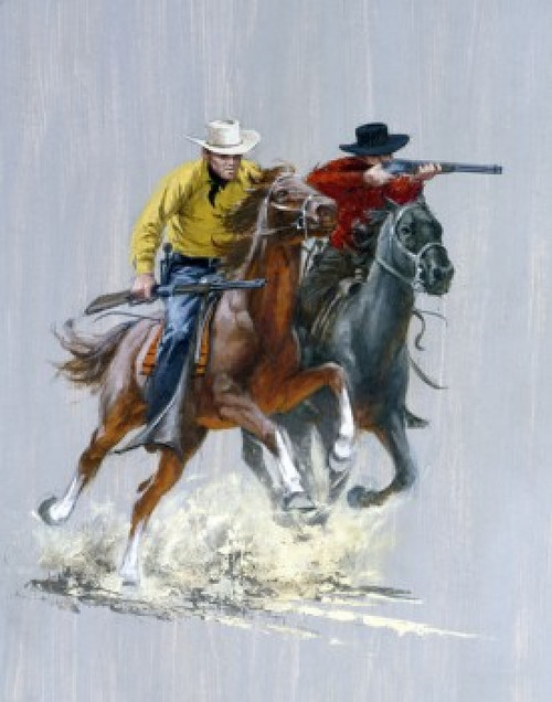 Two cowboys shooting on horseback Poster Print - Item # VARSAL902136903