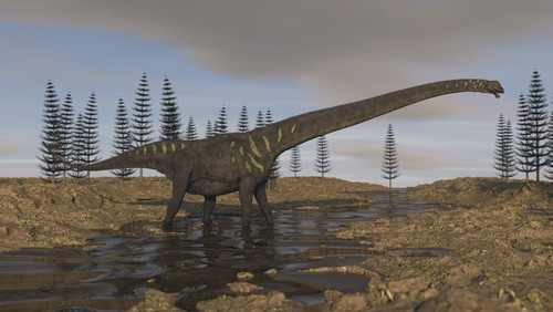 A large Mamenchisaurus walking along a dry riverbed Poster Print - Item # VARPSTKVA600811P