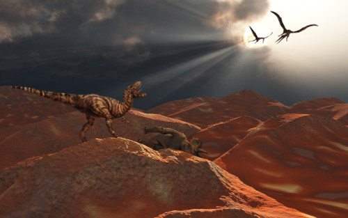 A T. Rex and a pair of Quetzalcoatlus discover the carcass of a Triceratops at the same time Poster Print - Item # VARPSTMAS100308P