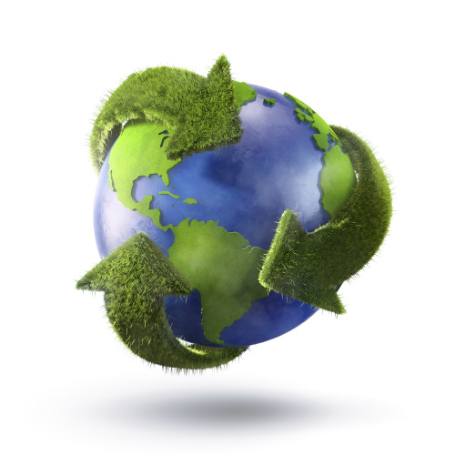 3D Rendering of planet Earth surrounded by the recycle symbol Poster Print