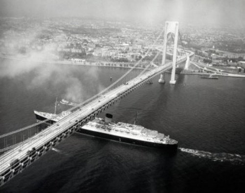 USA  New York State  New York City  High angle view of cruise ship passing under Verrazano-Narrows Bridge Poster Print - Item # VARSAL25544330