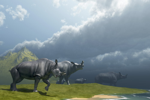 A herd of Brontotherium dinosaurs come to the lake to drink Poster Print - Item # VARPSTCFR200025P