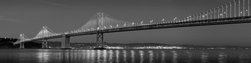 Suspension bridge over Pacific ocean lit up at dusk, Bay Bridge, San Francisco Bay, San Francisco, California, USA Poster Print - Item # VARPPI168480