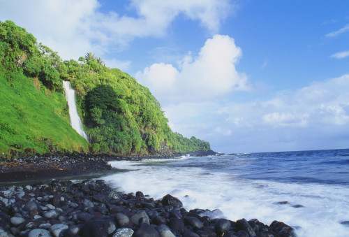 Hawaii, Maui, Hana, Pokupupu Point And Waikani Falls Going Into Ocean PosterPrint - Item # VARDPI1993734
