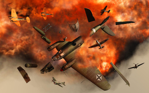 A German Heinkel bomber plane blowing up after being hit by SuperMarine Spitfires during the Battle of Britain Poster Print - Item # VARPSTMAS100542M