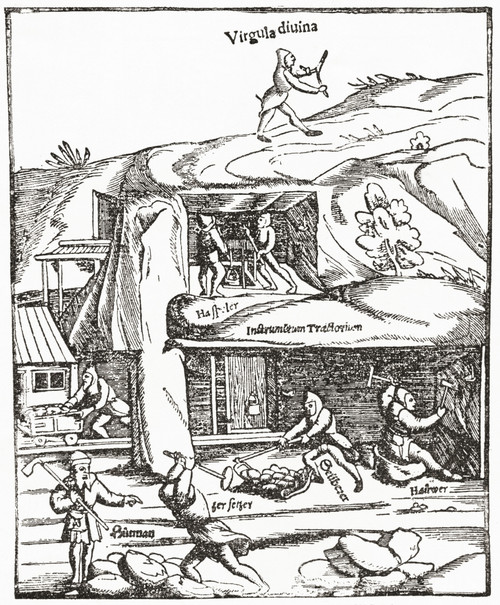 Early representation of the Divining Rod, showing a figure with a diving rod above ground searching for water, coal or gold and the miners below ground toiling to find coal. From The Strand Magazine published 1897. PosterPrint - Item # VARDPI2430258