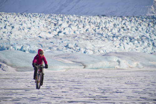 Woman Fat Tire Mountain Biking On The Knik Glacier, Chugach Mountains, Southcentral Alaska, Winter PosterPrint - Item # VARDPI2097873