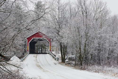 Red Covered Bridge In The Winter; Adamsville Quebec Canada PosterPrint