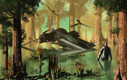 A human astronaut wades through the swamp-like waters of an alien world, where he was forced to make an emergency landing Poster Print - Item # VARPSTMAS100359S
