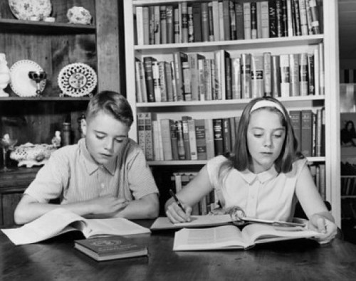 Teenage boy and teenage girl studying at a table Poster Print - Item # VARSAL25516388