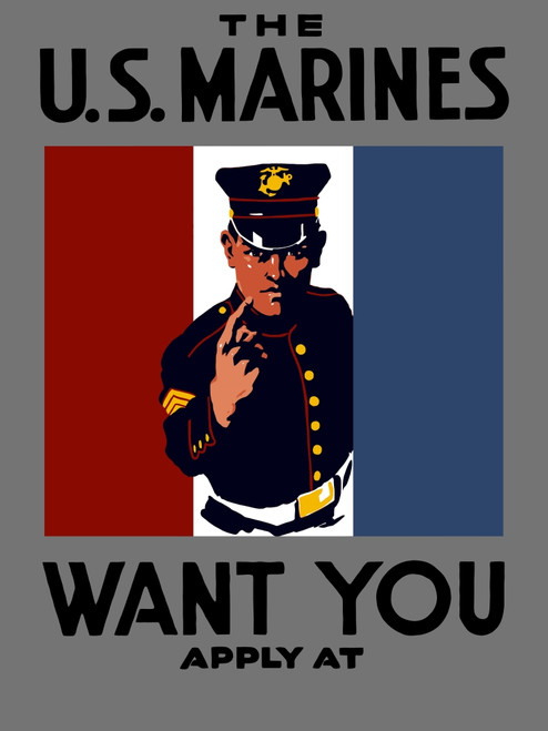 Vintage World War One poster of a Marine wearing his dress blues, pointing forward. It declares - The U.S. Marines Want You. Poster Print - Item # VARPSTJPA100552M