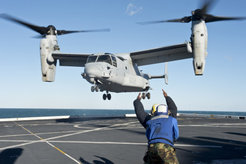 Atlantic Ocean, January 31, 2013 - Aviation Boatswain's Mate signals an MV-22 Osprey for liftoff during flight operations on the flight deck of the amphibious transport dock ship USS San Antonio Poster Print - Item # VARPSTSTK106759M