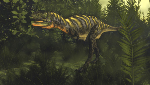 Aucasaurus dinosaur walking amongst magnolia, onychiopsis and nipa plants Poster Print - Item # VARPSTEDV600293P