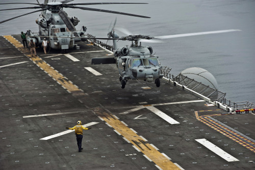 An MH-60S Sea Hawk lands aboard the amphibious assault ship USS Makin Island Poster Print - Item # VARPSTSTK104808M