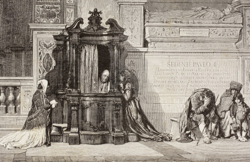 Confession In An Italian Catholic Church. 19Th Century Illustration. From El Mundo Ilustrado, Published Barcelona, Circa 1880. PosterPrint - Item # VARDPI1958086