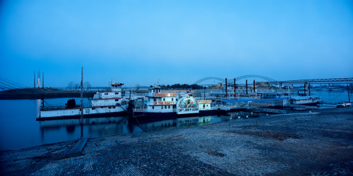 Boats moored at a harbor, Memphis, Mississippi River, Tennessee, USA Poster Print