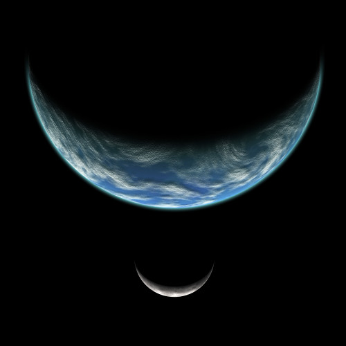 Artist's depiction of an Earth-like planet in deep space with an orbiting moon illuminated by a nearby sun Poster Print - Item # VARPSTMRC200053S