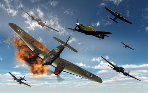 Artist's concept illustrating British Hawker Hurricane fighter planes attacking German Heinkel He 111 bombers Poster Print - Item # VARPSTMAS100001M