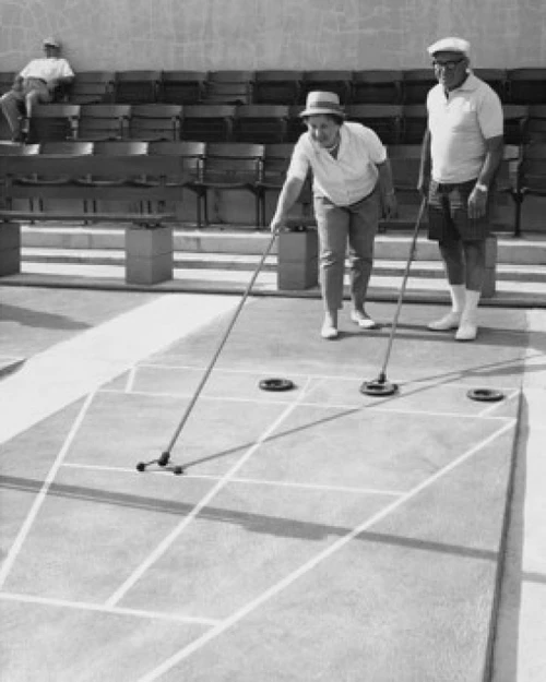Senior couple playing shuffleboard Poster Print