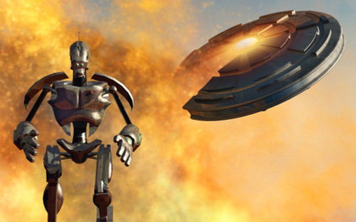 A giant robot and UFO on the attack Poster Print - Item # VARPSTMAS100621S