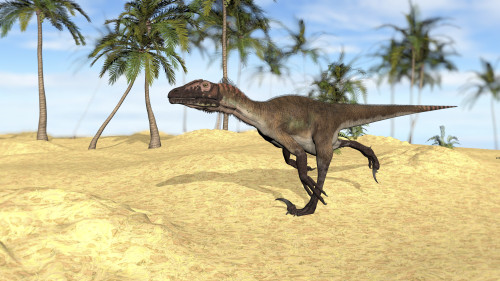 Utahraptor running across a barren landscape Poster Print