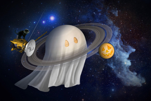 An artist's Halloween illustration of Cassini and Saturn, as the new Equinox mission at Saturn begins Poster Print - Item # VARPSTSTK202384S
