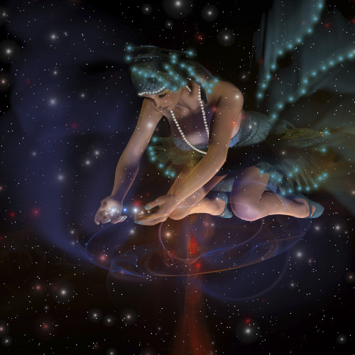 A ghostly female spirit dressed in turquoise stars spreads stars and planets throughout the universe Poster Print - Item # VARPSTCFR100325S