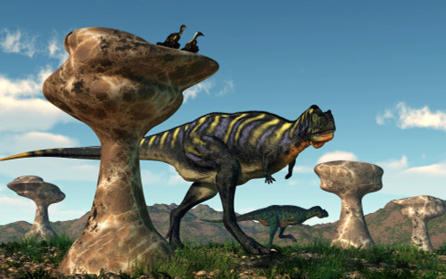 A pair of Aucasaurus dinosaurs walk amongst a forest of stone sculptures Poster Print - Item # VARPSTDEK600016P